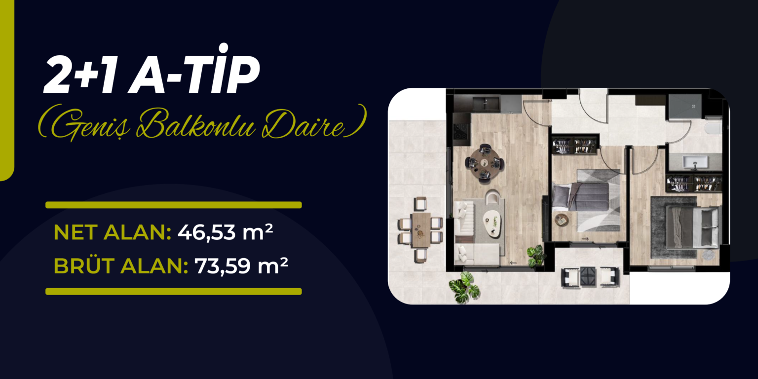 2+1 a tip geniş balkonlu daire